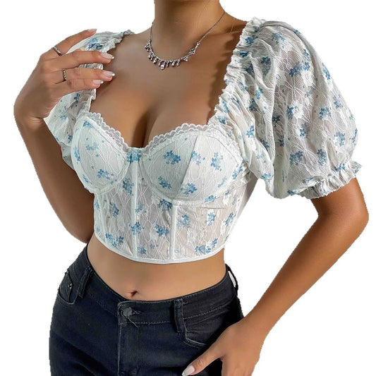 New Sle See-tough Lace Splice Fibone Little Vest ort Sve Women's T-irt Floral Sve European Sle Summer Top