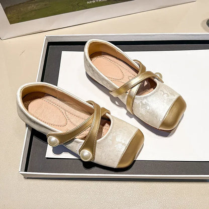 Spring Autumn Chinese Style Pearl Small PU Shoes Retro Versatile Girls Square Head Shallow Mouth Flats
