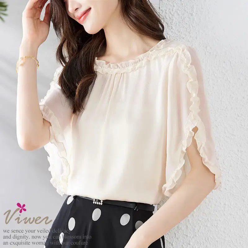 The Season Women's Fashionable Loose Short Sleeve Chiffon Shirt Slimming Cover Belly Versatile Top TT1479