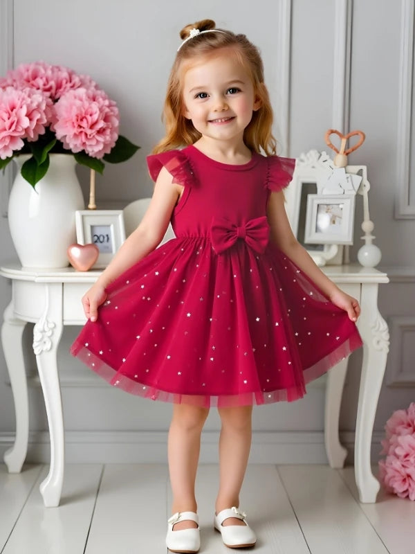 Girls' Burgundy Star Dress: Ruffle Sleeve Bow Tulle Party Outfit