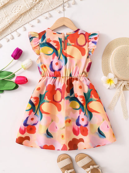 Girls' Fashionable and Simple Summer Dress, Toddler Girl's Floral and Leaf Pattern Back Zipper Fly-Sleeve Cinched Waist Mid-Length Dress, Girls' Everyday Comfortable Soft Versatile Youthful and Energetic Children's Clothing,