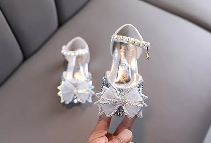 Girls Sandals Princess Single Shoes Rhinestone Butterfly Dance Kids Shoes Glitter Leather Party Dress Wedding Shoes E615