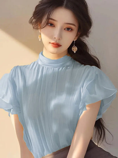 Short-sleeved Top for Women in Summer Fashionable Shirt French Style Unique and Beautiful Age-reducing Mint Green Chiffon Shirt