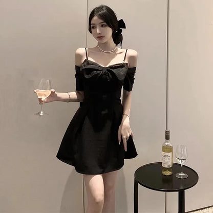 Sexy Off Shoulder Bow Dress Women Slim Short Slip Dress Ladies Style Birthday Formal Elegant White Mini Dresses