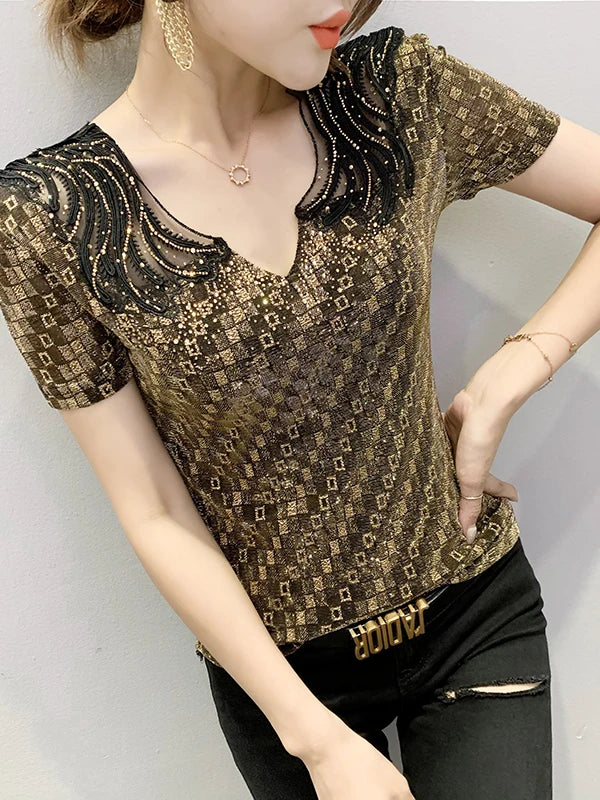 Sexy Hollow out V-Ne Rhinestone ort Sve T-irt Women Summer New Lace Me Top Trendy Anti-Aging Versatile Small irt