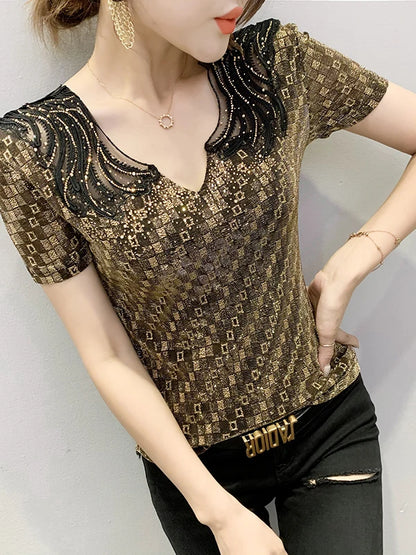 Sexy Hollow out V-Ne Rhinestone ort Sve T-irt Women Summer New Lace Me Top Trendy Anti-Aging Versatile Small irt