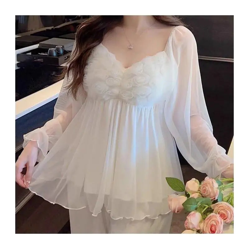 New Hot Luxury Elegant Long Sleeve Pajamas Set With Padded Bra Mesh Plus Size Women For Home Spring Autumn Summer Loungewear