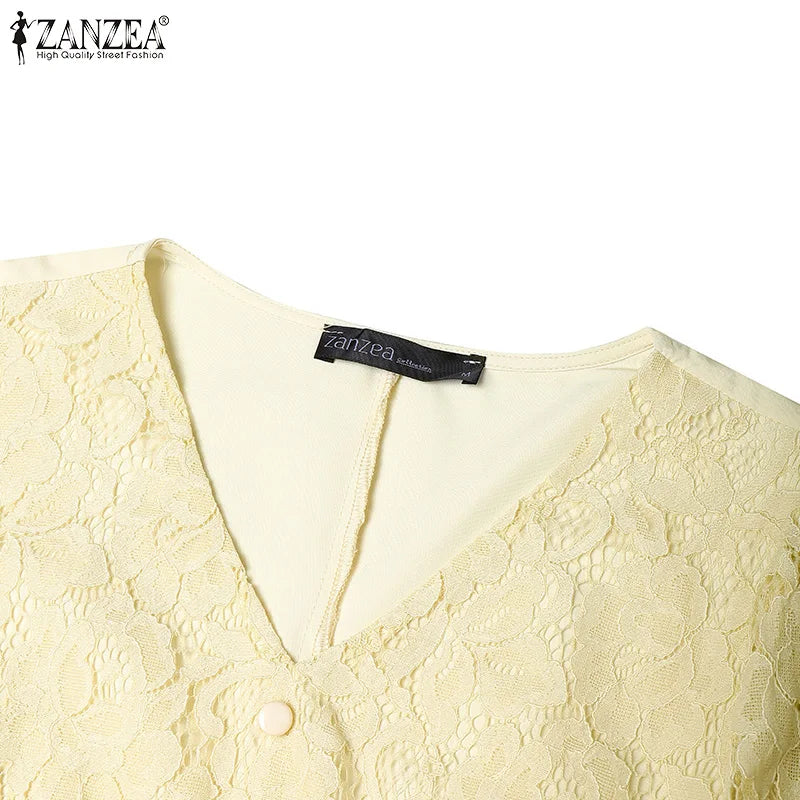 ZANZEA Women Summer Lace Patchwork Dresses 2026 Elegant Party Dress Stylish V Neck Short Sleeve Office Sundress A Line Midi Robe