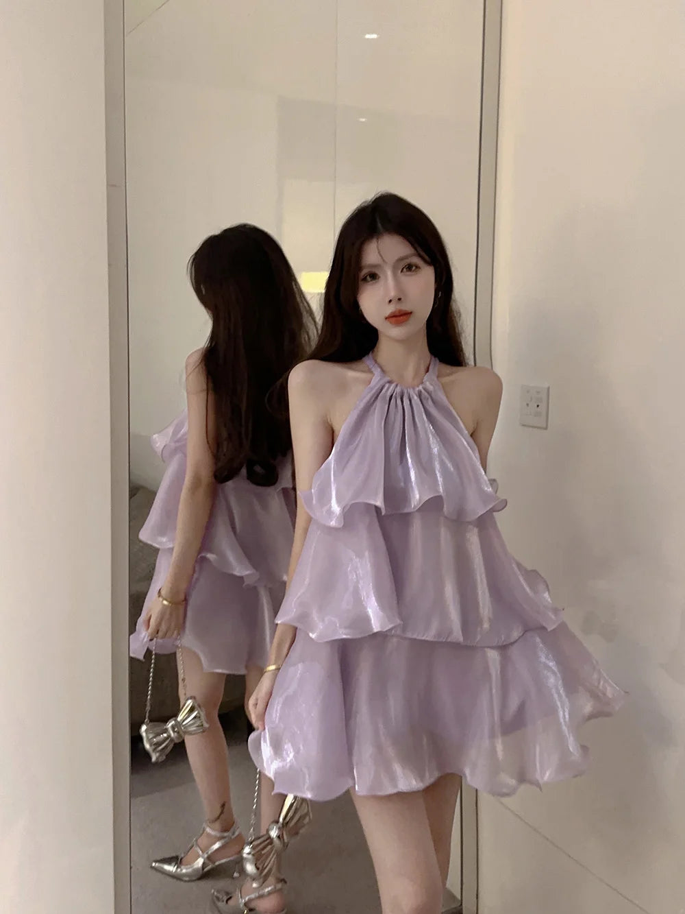 Woman Dress Elegant Sweet Sleeveless Ruffles Mesh Loose Summer New Cake Mini Dresses Solid Sexy Female Casual Fairy 2026