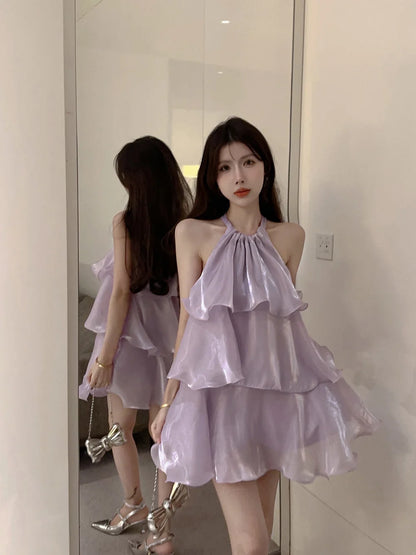 Woman Dress Elegant Sweet Sleeveless Ruffles Mesh Loose Summer New Cake Mini Dresses Solid Sexy Female Casual Fairy 2026