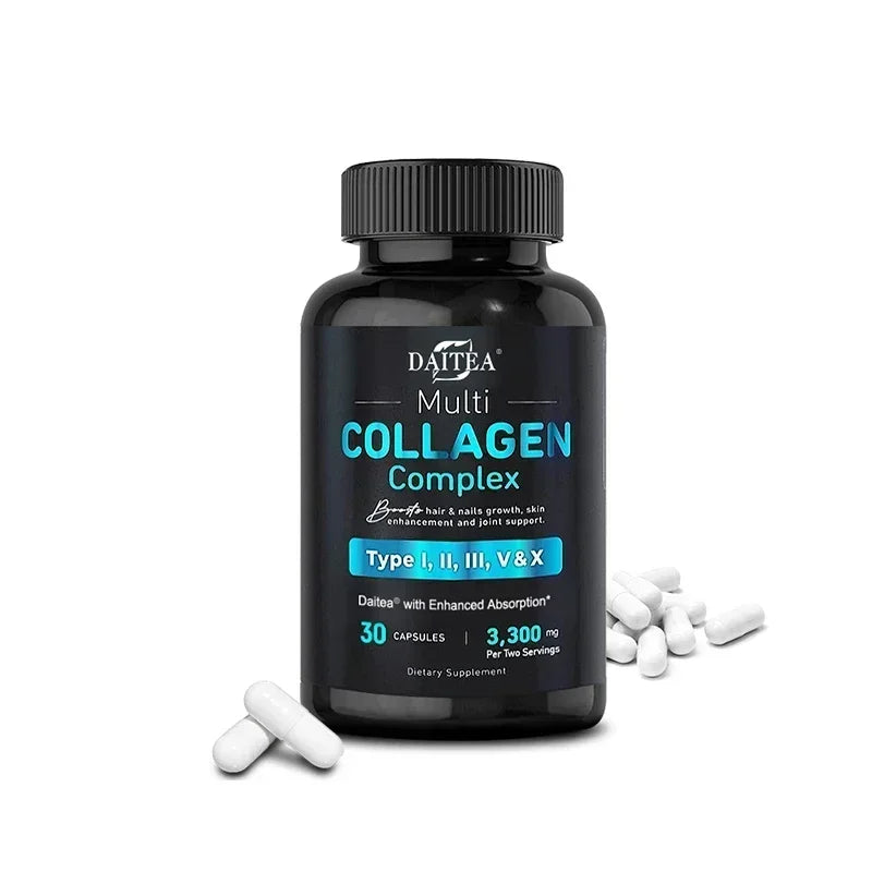 Collagen Complex (Types I, II, III, V, X) - with Digestive Enzyme Blend, Non-GMO - 120 Capsules, for Men and Women