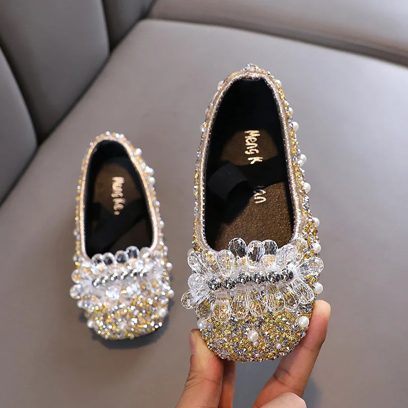 Kids Girl Shoes New Girls Princess Shoes Fashion Children Sequins Bling Bow Shoe Kid Rhinestone Non-slip Flat Shoe