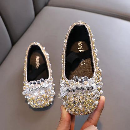 Kids Girl Shoes New Girls Princess Shoes Fashion Children Sequins Bling Bow Shoe Kid Rhinestone Non-slip Flat Shoe