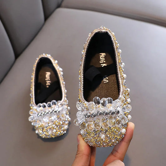 Kids Girl Shoes New Girls Princess Shoes Fashion Children Sequins Bling Bow Shoe Kid Rhinestone Non-slip Flat Shoe