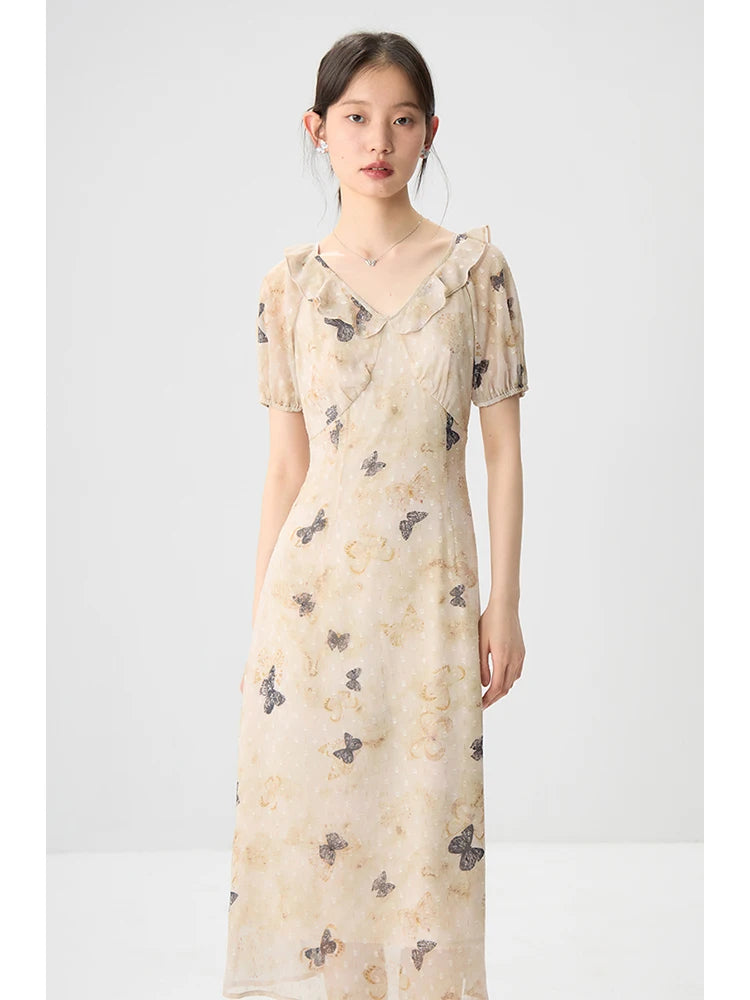 ZIQIAO Chiffon Summer Long Dress Sleeveless Bow Print Female A-LINE Dress Short Sleeve Polyester Dress24ZQ92353+24ZQ92319