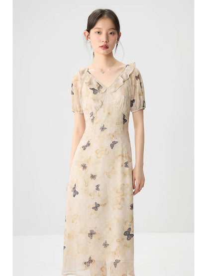 ZIQIAO Chiffon Summer Long Dress Sleeveless Bow Print Female A-LINE Dress Short Sleeve Polyester Dress24ZQ92353+24ZQ92319