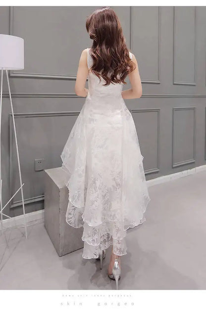 Summer High Low Retro Dress Vintage Women Sleeveless Front Back Short Long Organza Lace Dress Ladies Elegant Party Dress