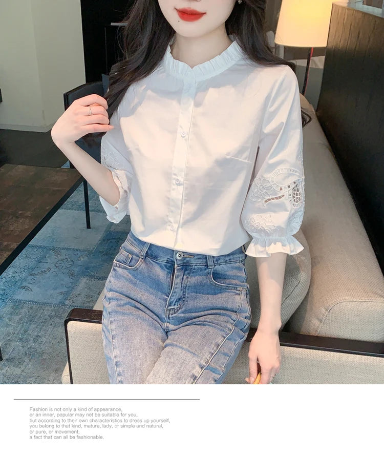 Ele Embroidered ort Sve irt Women's Summer New Design Korean Sle Commute Lantern Sve White irt for Ladies