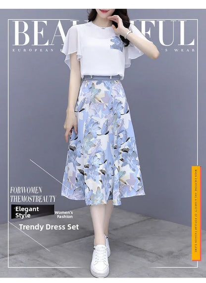 Floral Print Chiffon Dr Set Women's Summer Faion Slimming ular f-length Skirt Two-piece Set round Ne ort Sve