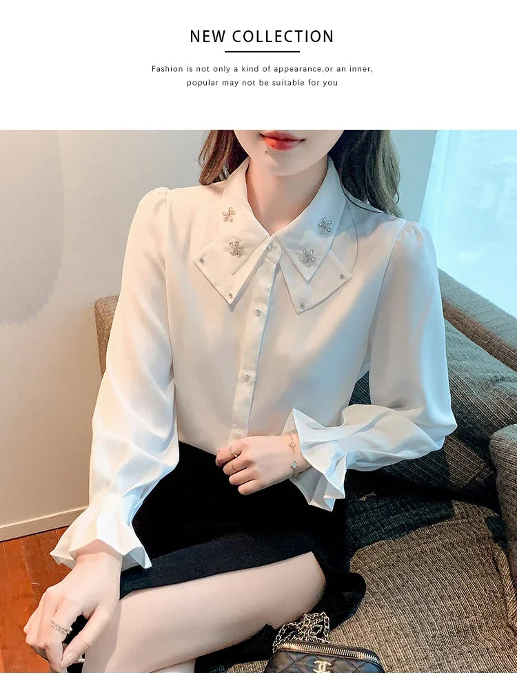 Elegant Long Sleeve Chiffon Shirts Women Autumn Winter Fashion White Blusa Feminina Korean Style Office Ladies Tops Blouses