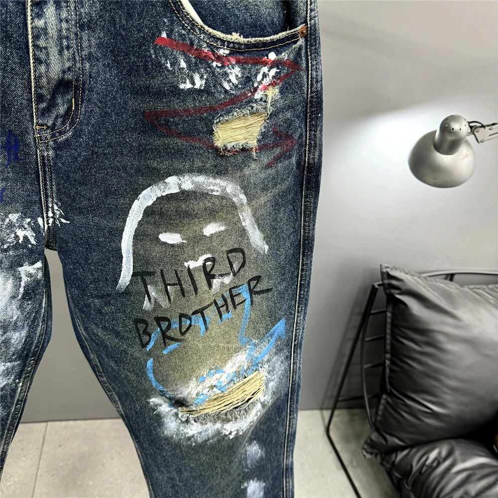 High End Men'S Clothing Hip Hop Graffiti Baggy Jeans For Men Streetwear Skateboard Ripped Jeans Korean Trendy Denim Trousers  ( Available )