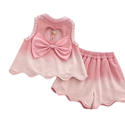 Baby Girls' Denim Suit Summer New Lace Vest Top Shorts Pants Casual and Fashion Kids Outwear Two-piece Set