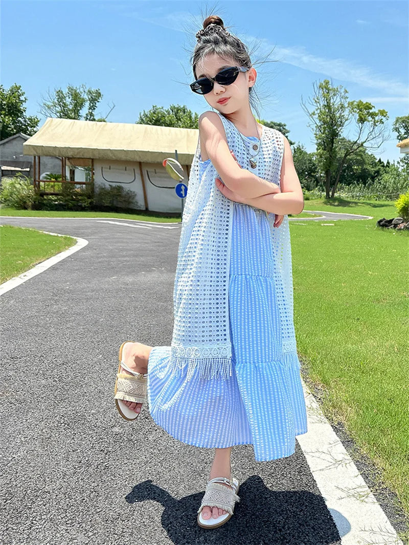 5-14Years Old Girls Dress Children Summer Sweet Beach Holiday Gown Kids Dresses Teenager Sleeveless Clothing Sets