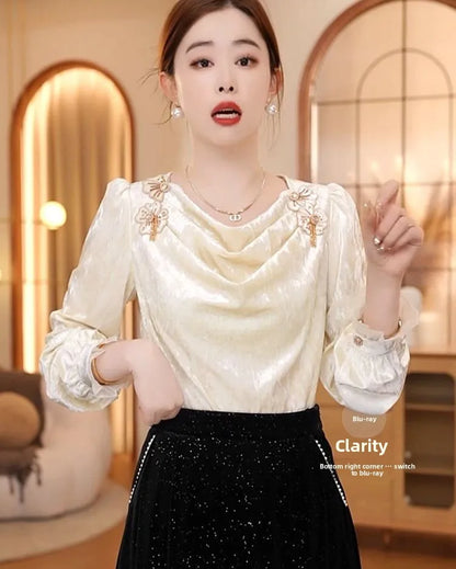 Faionable Floral Patchwork Long Sve irt Women's Winter Luxury Sle Ele Top French Sle Loose Fit Polyester Fiber