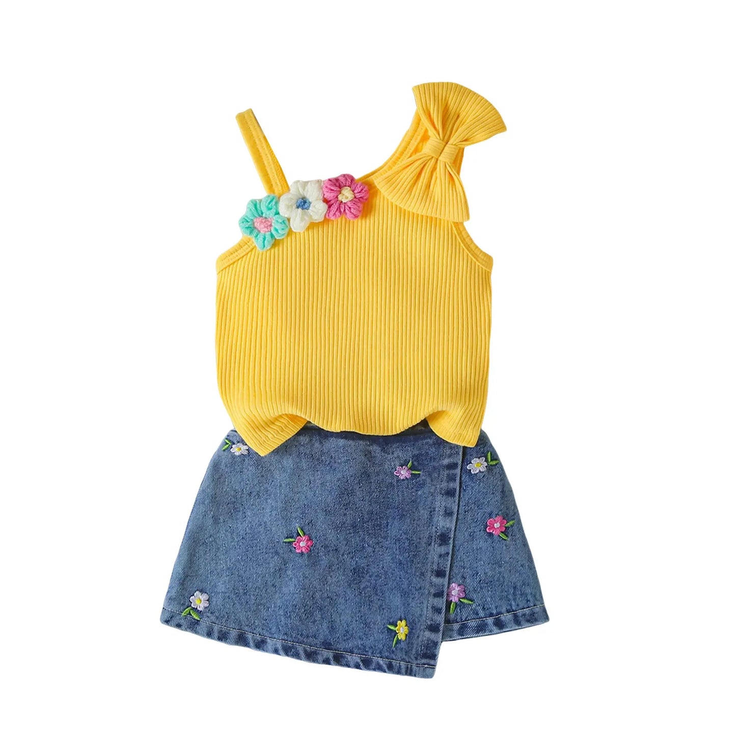 Small Fresh Jeans Skirts Sets Cute Baby Girl Comfortable And Breathable Set Cute Flower Embroidery Short Sleeve Skirt Two Piece