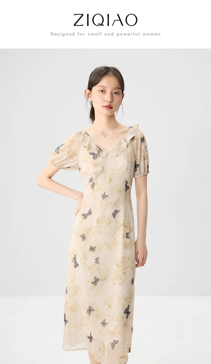 ZIQIAO Chiffon Summer Long Dress Sleeveless Bow Print Female A-LINE Dress Short Sleeve Polyester Dress24ZQ92353+24ZQ92319