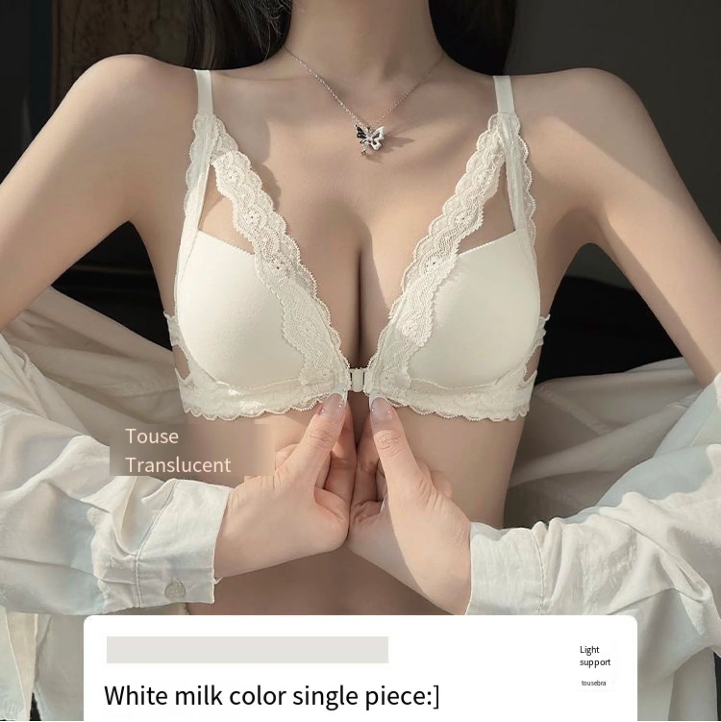 Front button underwear ladies small breasts gathered 2025 spring summer new sexy pure lace white beautiful back bra set