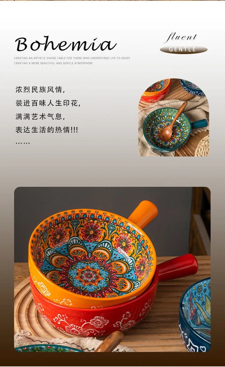 Single Handle Ceramic Noodle Bowl, Bohemian Design, Large Bowl, Creative Restaurant, Household Salad, Dessert Bowl, Home Decorat