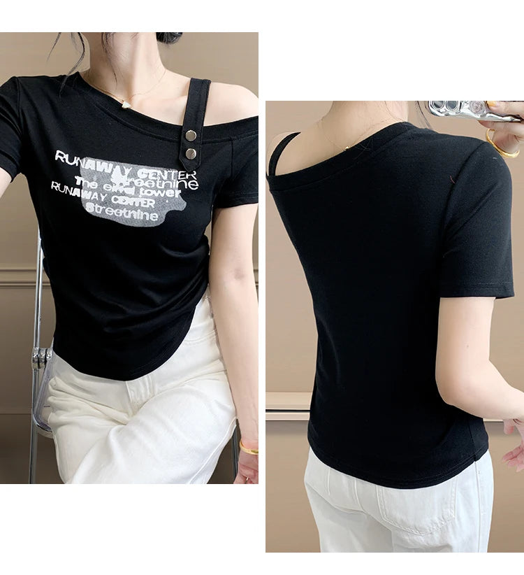 Sexy oulder Bared T irt Women's ort Sve Asymmetrical Collar Faionable Slimming Top Korean Sle Cotton Blend Summe...