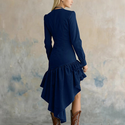 Retro Western Countryside Style Dress Ruffle Lace Collar Irregular Hem Dress Winter Women'S Fashionable Dress