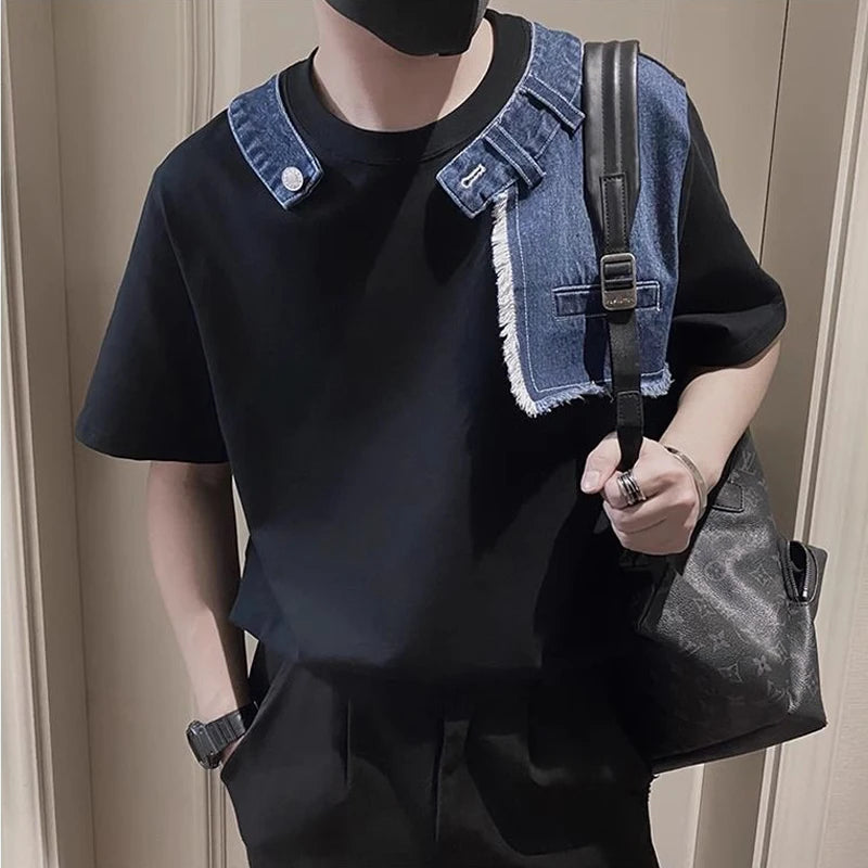 Men Trendy Vintage Denim Patchwork Design Tees Summer Short Sleeve Luxury Chic T Shirt Casual Round Neck Loose Tops Ropa Hombre  ( Available )