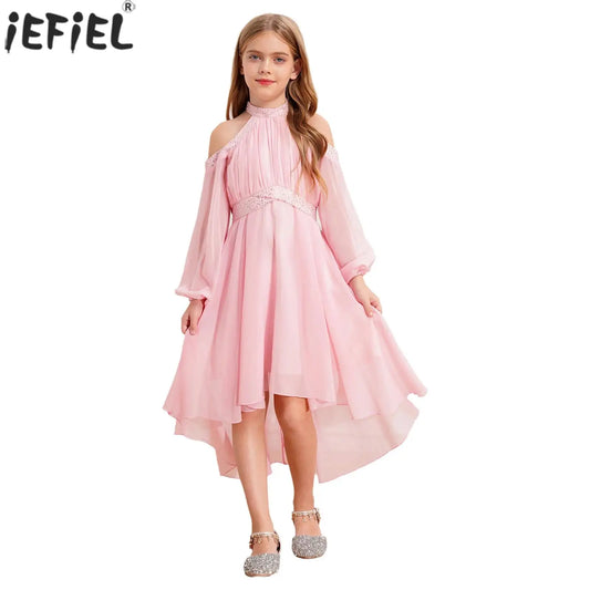 Kids Girls Elegant Party Dress Halter Off-shoulder High Waist Ruffled Chiffon Dresses Wedding Birthday Pageant Evening Prom Gown