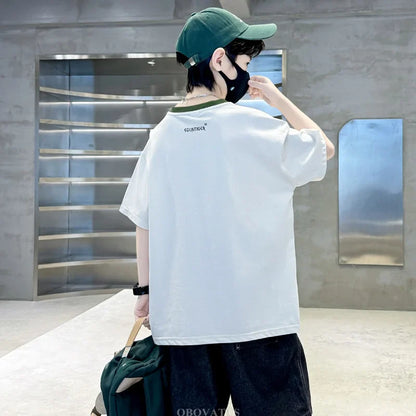 Summer Tees Tops for Teen Boy Cotton T-Shirt New Short Sleeve Fashion Cartoon Tshirts for Children Korea Kids Luxury Clothes