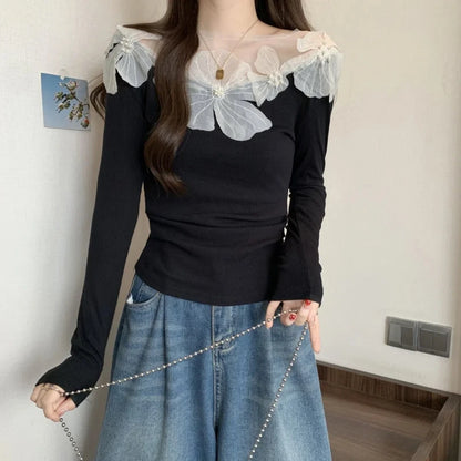Sexy Patchwork Slim T Shirts Spring Autumn New Long Sleeve Off Shoulder Solid Temperament Tops High Street Fashion Women Clothes