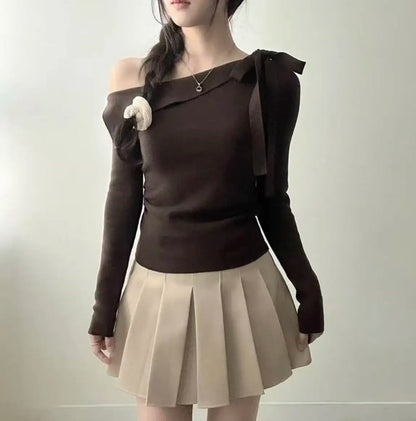 Women's Knitted Sweater Chic oulder Bow Design Long Sve Sweet Inner Wear Base irt Korean Sle Faionable Top