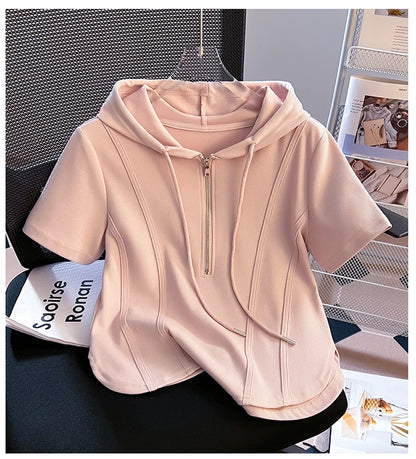 Summer New Women's Zipper Hoodie ort Sve T-irt Pure Cotton Slim Fit ort Fibone Top Korean Sle Commute Faion