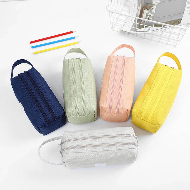 Large Capacity Canvas Pen Case Double Layer Pencil Pouch Middle Primary School Stationery Organizer Storage