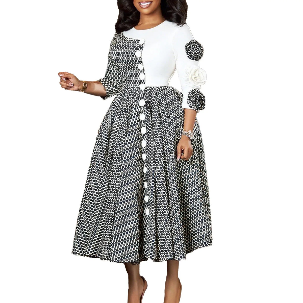 Elegant Dresses for Women O Neck Half Sleeve High Waisted Pleated Mid Calf Fashion Printed Luxury Birthday Party Dinner Dress