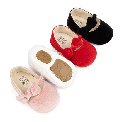 Newborn Baby Girls Mary Jane Flats Cute Bowknot Velvet Toddler Dress Shoes Lovely Princess Infant Crib Shoes for 0-18Months