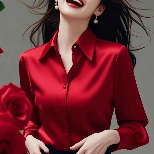 Office Lady Long Sleeve Polo Neck Plus Size Blouse Spring Autumn Loose Simplicity Vintage Shirts Fashion Korean Women Clothing