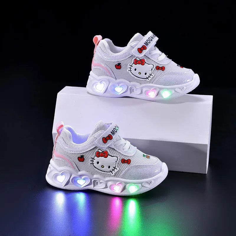 Sanrio LED Kids Shoes for Girls Cute Cartoon Hello Kitty Shoes Summer Girl Kawaii Shoes Soft Bottom Sneakers Casual Shoes