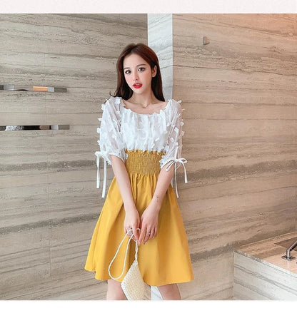 Women Summer French Style Elastic Waist Dress Korean Edition New Splicing Design Slim Half Sleeve Fairy Knee-length Dresses