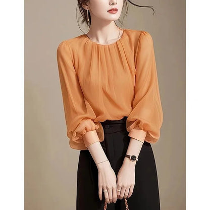 Autumn Winter Ladies Solid Color Blouse Jacket 2025 Female Long Sleeves Tops Coat Korean Women Fashion Round Neck Chiffon Shirt