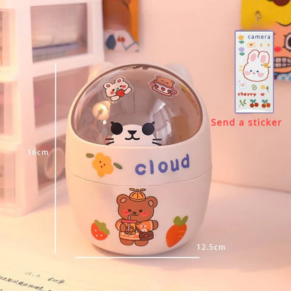 Mini Desktop Trash Can Organizer Cute Bear Multifunction Creative Cosmetic Bucket with Lid Pen Holder Kawaii Stickers Patchers