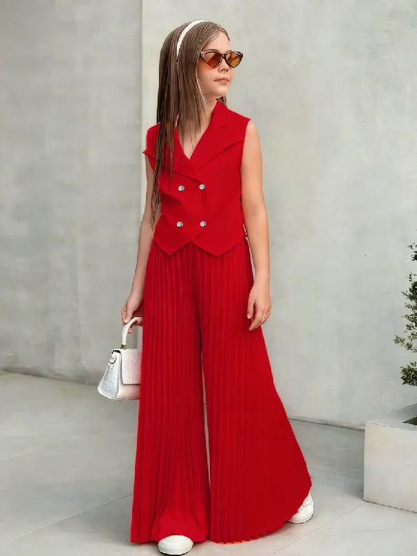 2025 Little Girls 2-Pieces Western-Style Outfit for Girls: Sleeveless Blazer Top+Wide-Leg Pleated Pants