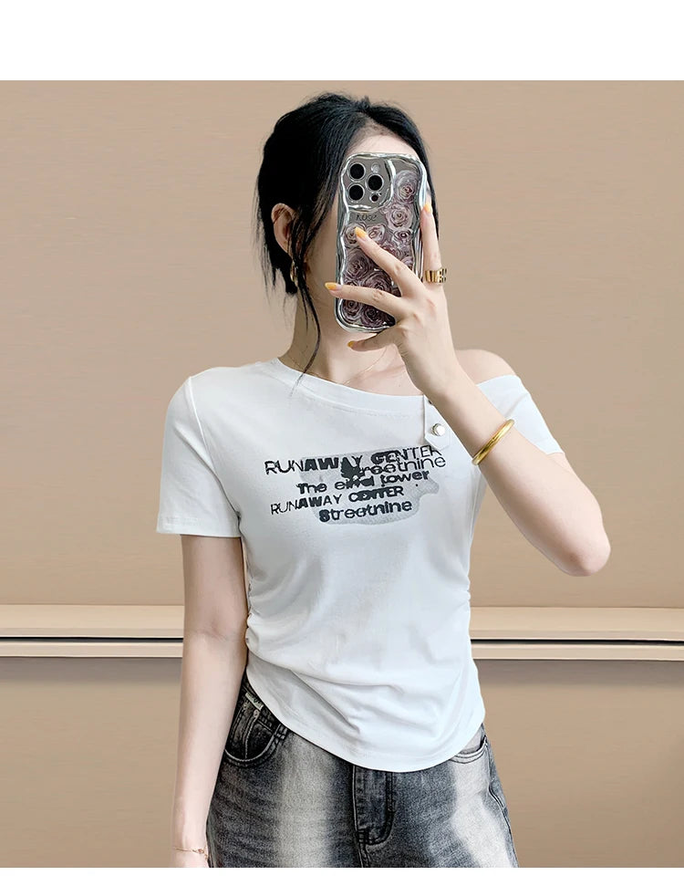 Sexy oulder Bared T irt Women's ort Sve Asymmetrical Collar Faionable Slimming Top Korean Sle Cotton Blend Summe...